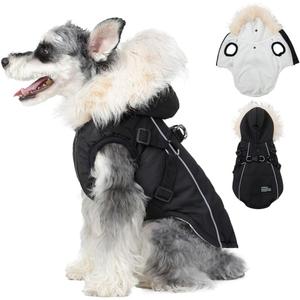 PINA Dog Coat with Built in Harness, Dog Jacket with Faux Fur Hood, Dogs Vest with Reflective Strap for Small Medium Large Dogs, Black, M (M(chest:17.3in, 6.6-8.8lb))