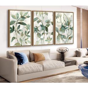 Large Framed Canvas Wall Art - Natural Float Framed Rustic Green Flowers Leaves Pictures Paintings White Grey Artwork Decor for Bedroom Living Room Kitchen Home Office Decoration 48" X 24" Set of 3, 16" X 24" X 3pieces Framed