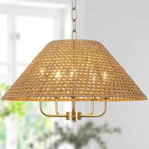 LamQee 5-Lights Rattan Farmhouse Chandeliers for Dining Room, Hand Woven Boho Chandelier Light Fixtures Ceiling Hanging, Rustic Large Wicker Pendant Lighting for Kitchen Island Over Table Living Room (Medium, 21.65" Brown and gold metal)