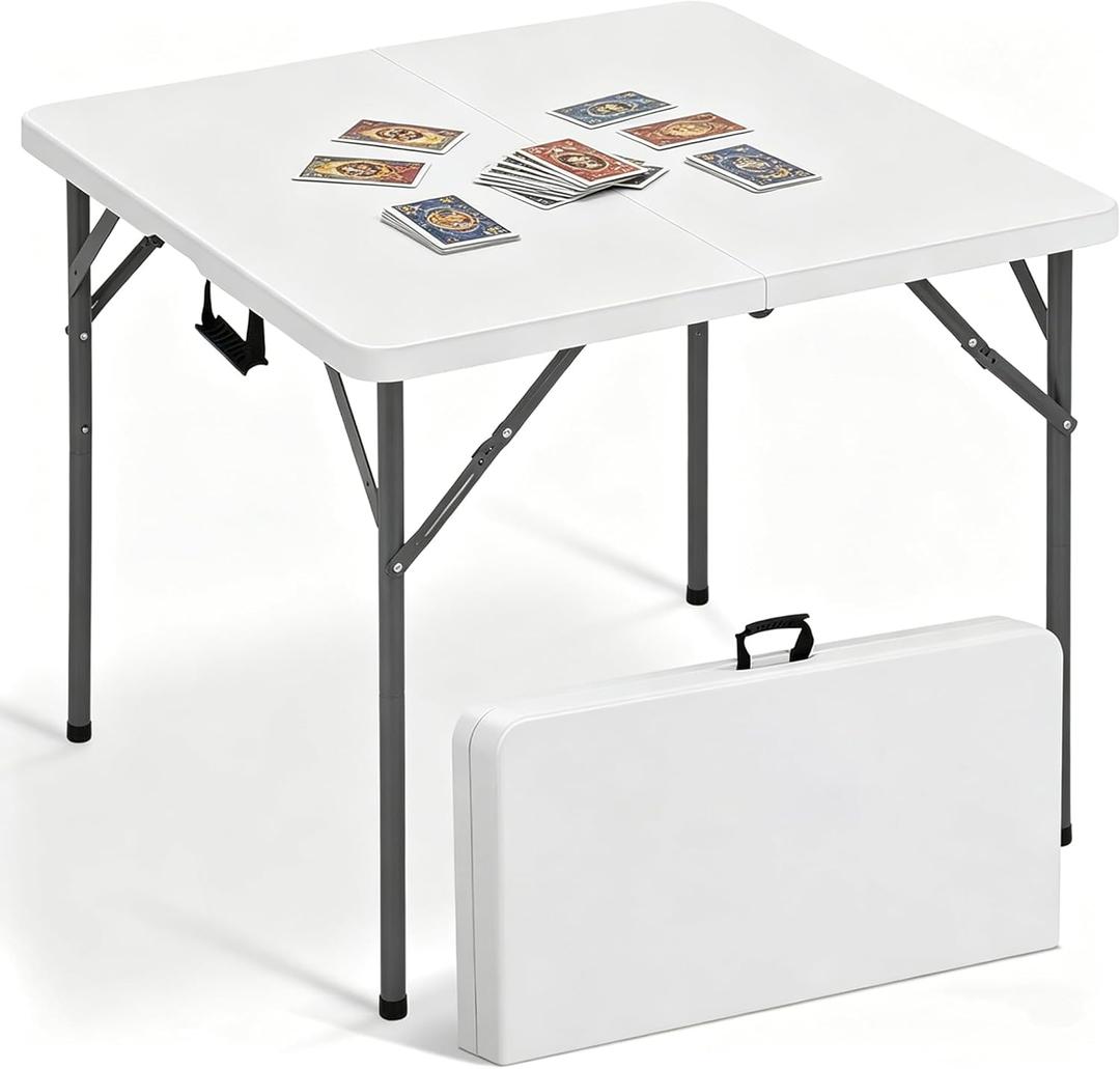 34 Inch Square Folding Card Table - Heavy Duty HDPE Plastic, Fold-in-Half Design with Carry Handle. Indoor Outdoor Portable Utility Table for Picnic, Camping, Party, Dining & Tailgating (White)