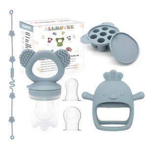 2 x Baby Fruit Feeder & Mini Freezer Tray Combo - Baby Teether, Breastmilk Popsicle Molds for Teething Relief, Fresh Food Feeder for Safe Infant Self-Feeding, Extra Food Pouches(Blue)