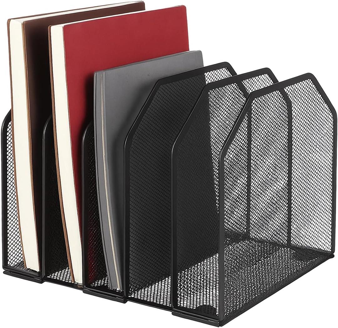 Desk File Organizer Vertical 5 Sections Metal Adjustable Magazine Holder Upright Desktop Bookshelf Organizer Stand File Sorter Office Desk Accessories Black