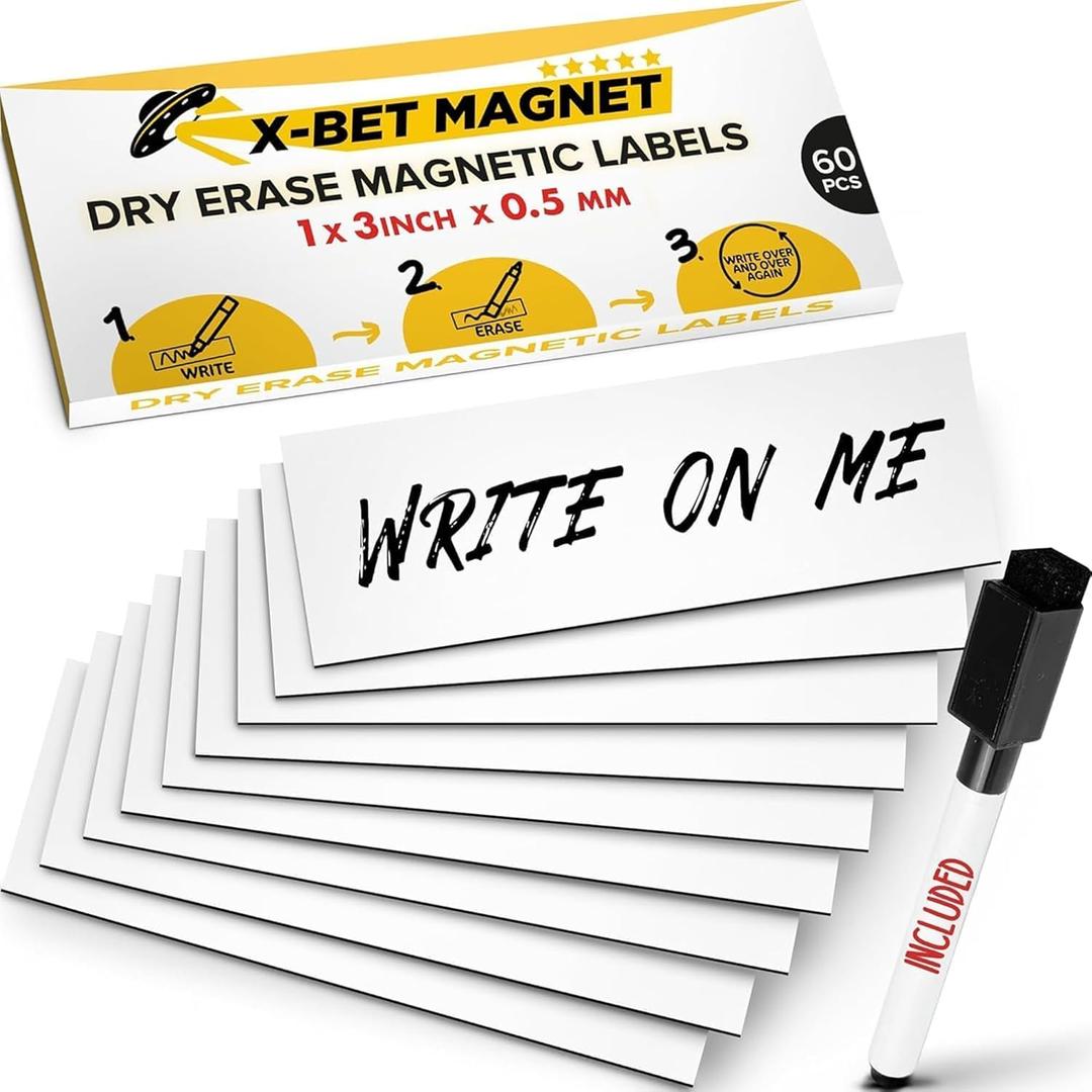 X-bet MAGNET Dry Erase Magnetic Labels 60 pcs 1x3 - Reusable Sticky Notes - Magnetic Notepads for Refrigerator - Dry Erase Sheets - Blank Magnet Stickers - Used for Whiteboard, Classroom