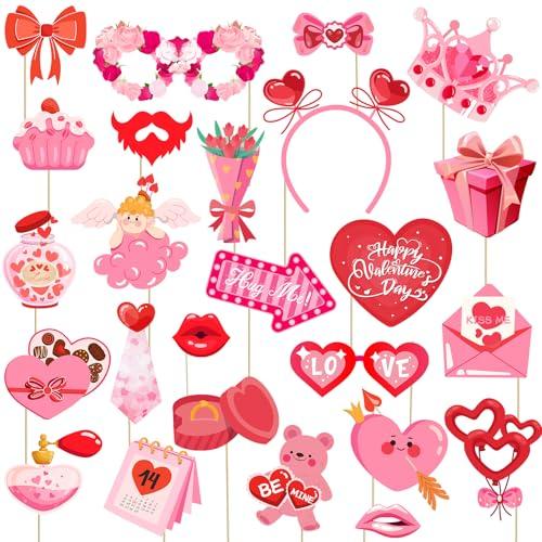 JXYCBZYing Hot Pink Valentine's Day Photo Booth Props - Pack of 24 | Happy Lovers Selfie Photo Booth Props for Valentines Day Party Decorations Favors Supplies