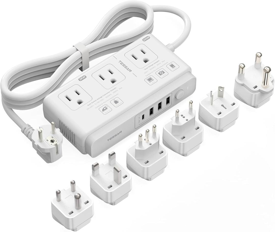 TESSAN 220V to 110V Voltage Converter for Travel with 4 USB Ports (1 USB C), 3 AC Outlet and EU UK AU IT in ZA International Power Adapter, Step Down Transformer Outlet Converters White