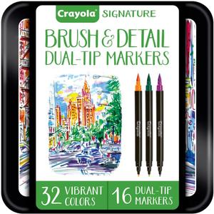 Crayola Brush & Detail Dual Tip Marker Set, 16 Markers, 32 Colors, Adult Coloring Markers, Gifts for Teens & Adults