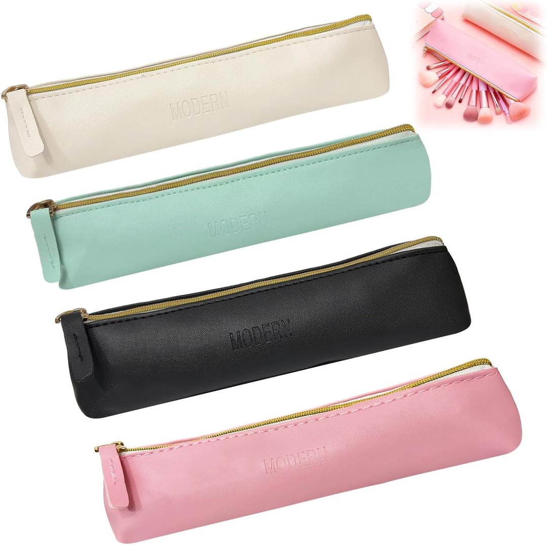 4 Pcs Slim PU Leather Makeup Pouches for Purse, 7.9x2.6 Inch Portable Small Cosmetic Organizers with Zipper, Travel-Size Lipstick & Tampon Holders for Women (Beige, Pink, Green, Black)