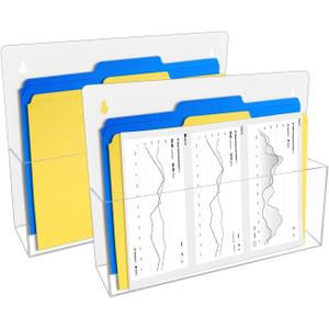 2 Pack Clear Acrylic File Holder Wall Mount Self Adhesive, Legal Size Hanging Paper Organizer, Wall Pocket File Holder Storage for Letter Folder Brochure Magazine Bookshelf Literature Display (13 x 9.5 in, White)