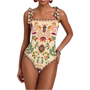 Floerns Women's Tropical Print Tie Shoulder One Piece Swimsuit Tummy Control Swimwear (Medium, Apricot)