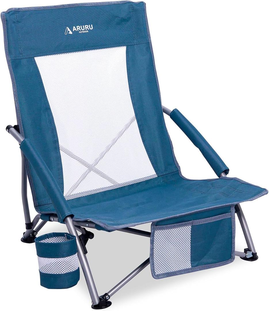 Low Folding Beach Chairs for Adults, Portable Lightweight Sling Beach Camping Chair with Cup Holder,Armrest,Foldable Camp Lawn Chair for Outdoor Sand Concert Travel Sport Events