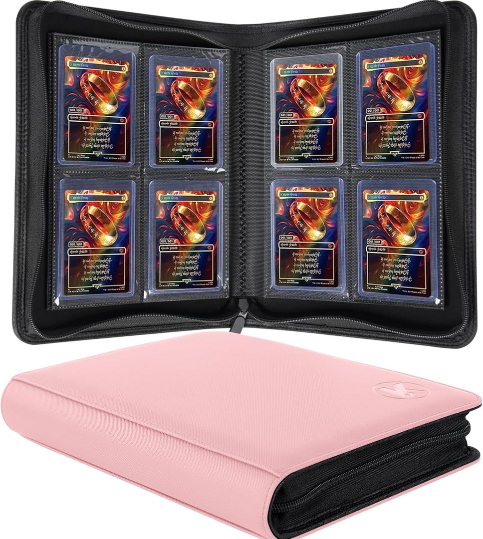 Top loader Binder, Holds 128+ Toploaders, 4 Pocket Top Loader Card Storage Case, Double-Sided Pockets for trading card in 3 x 4'' ToploadersPink