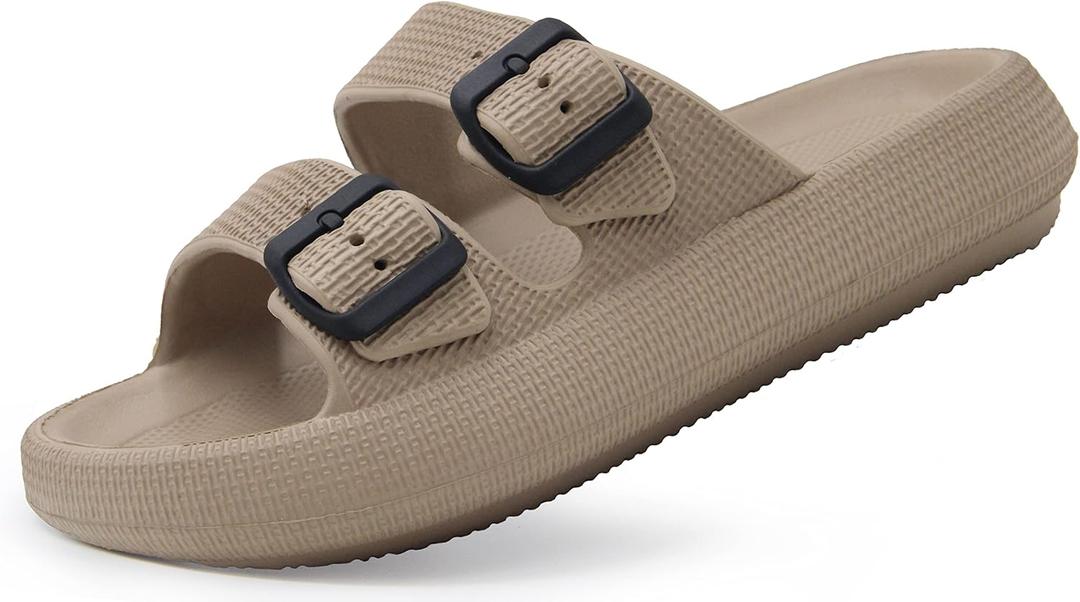 Weweya Sandals for Women and Men - Pillow Slippers - Double Buckle Adjustable Slides - EVA Flat Sandals (9.5-10.5 Women/8.5-9.5 Men, Khaki)