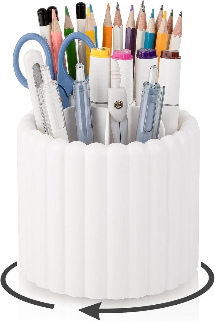 Anyoifax 360 Rotating Pen Holder 7 Slots Desk Organizer Removable Pencil Cup Plastic Art Supplies and Accessories Desktop Storage Box Caddy for Office, School, Home (White)