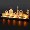 MorningRo Ramadan Kareem Decorations Islamic Candle Holder with 5 Tea Candles Eid Mubarak Metal Sign with Wood Base Ramadan Kareem Table Centerpieces Eid Al Fitr Muslim Party Gifts