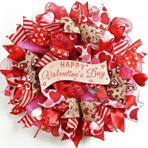 Waipfaru 18 Inch Valentines Day Mesh Wreath,Valentines Wreaths for Front Door with Wooden Sign Fishnet Yarn, Valentines Day Wedding Decorations for Indoor and Outdoor (Red)