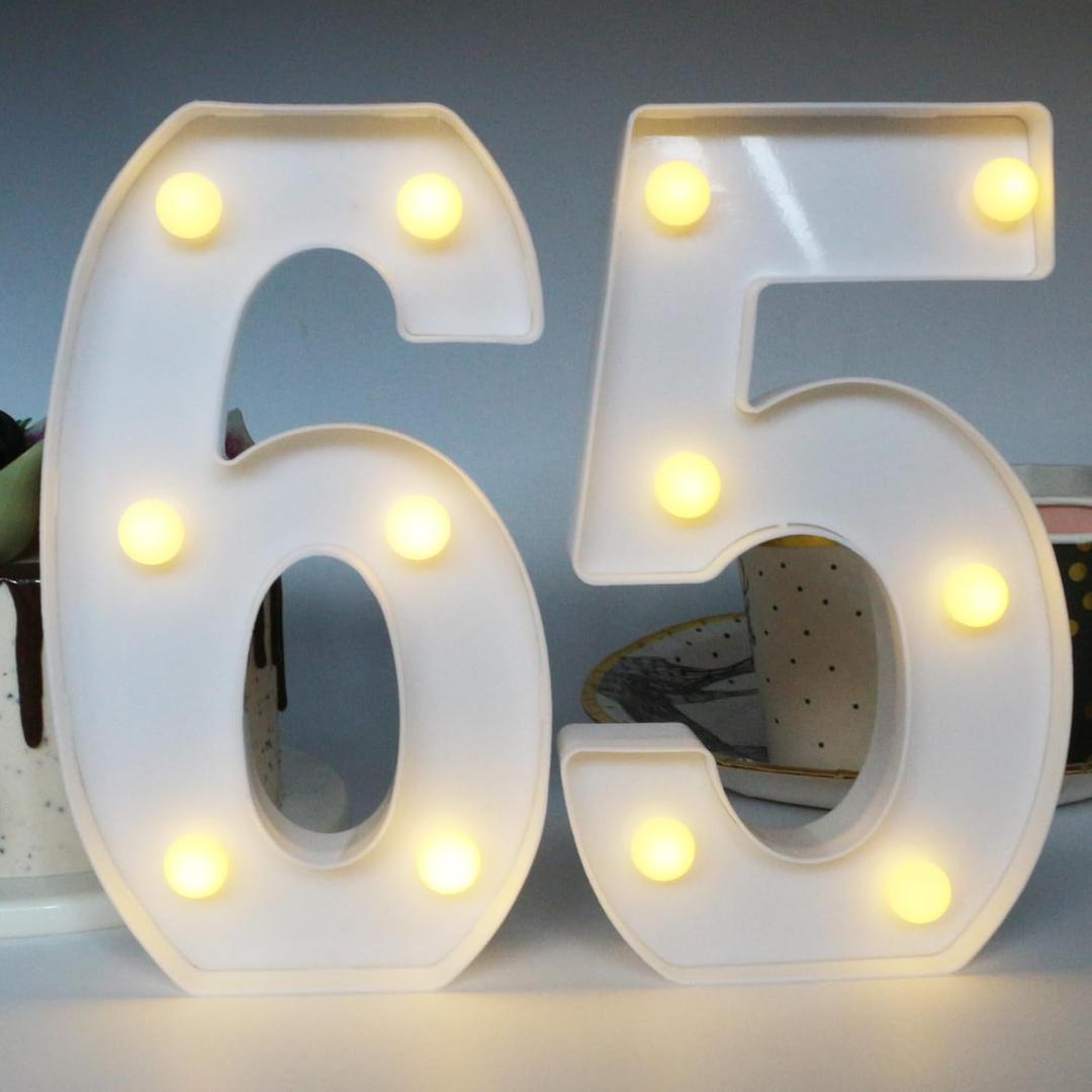 H: 8.26 Inches Light Up Numbers 65 Centerpieces Table Sign, Happy 65th Birthday Decorations for Women, 65th Party Decor for Men, 65 Year Old Birthday Supplies Gifts for Her & Him, White