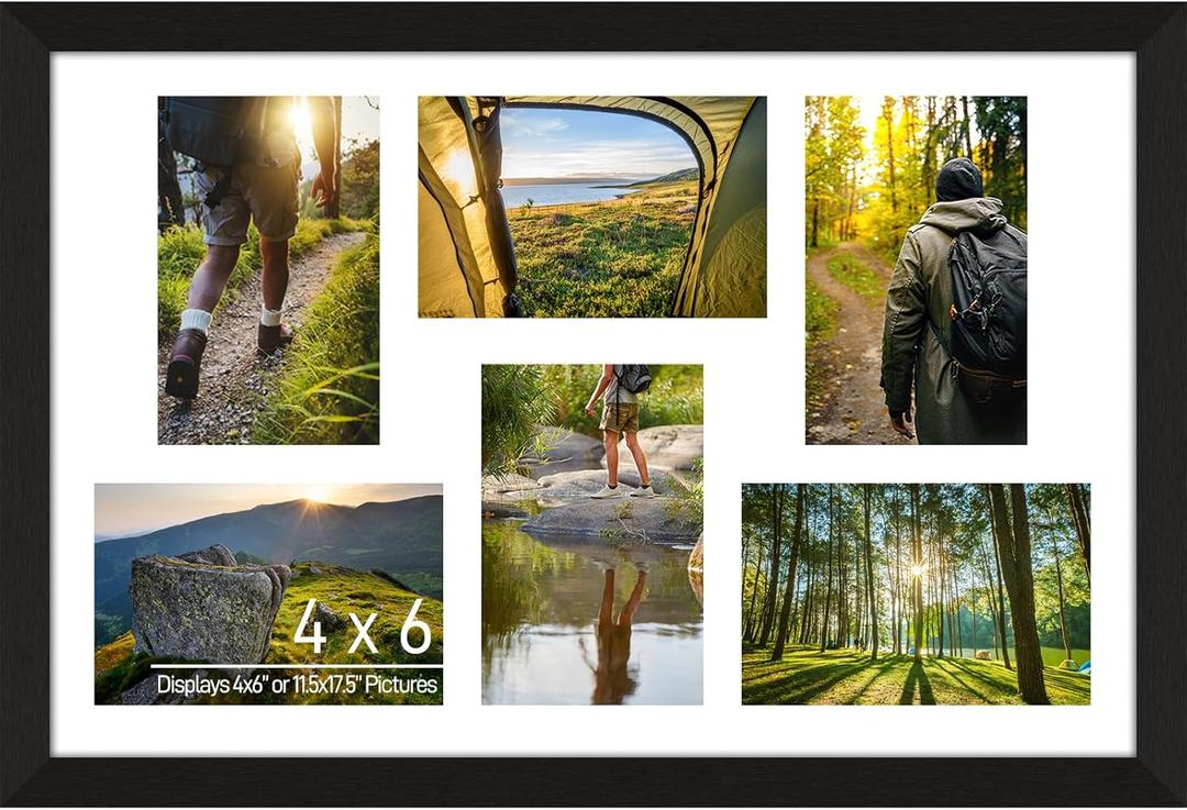 4x6 Picture Frame Collage 6 Openings, Multi Photo Collage Frame 11.5x17.5 Gallery Wall Decor Wooden, Black Frame with White Mat, Wood