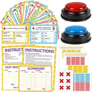 Christian Bible Friendly Feud Game Religious Card Board Game Night Church Group Bible Trivia Games Cards with Two Buzzers for Church Group Activity Xmas Holiday Party Office Class Team Building