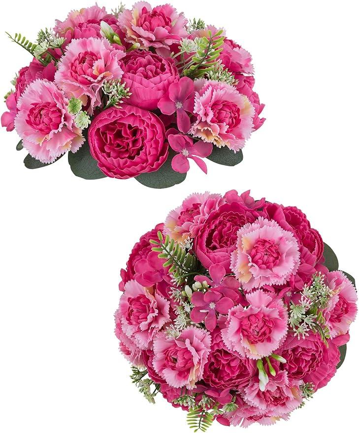 BLOSMON Peony Artificial Flowers Ball: 2pc 9.5 Inch Hot Pink Floral Arrangement for Centerpieces  Easy to Use Wedding Dinning Table Decoration  Fake Silk Peony Kissing Ball Home Party Decor