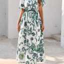 KIRUNDO Women Spring Summer Wedding Guest Boho Floral Maxi Dress Puff Sleeve Button Shirt V Neck Flowy Beach Vacation Dress (S)