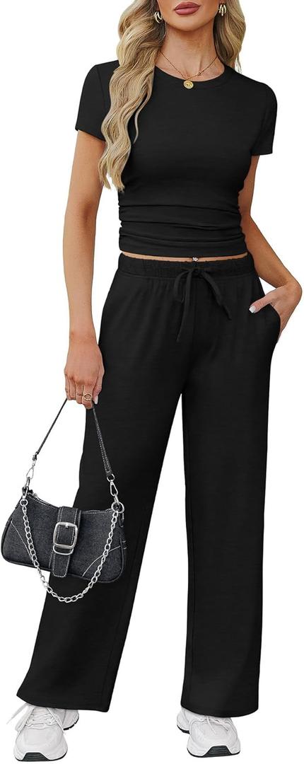 WIHOLL Lounge Sets for Women 2 Piece Vacation Outfits Short Sleeve Tops with Side Ruched Wide Leg Pants Matching Sets (Medium, Black)