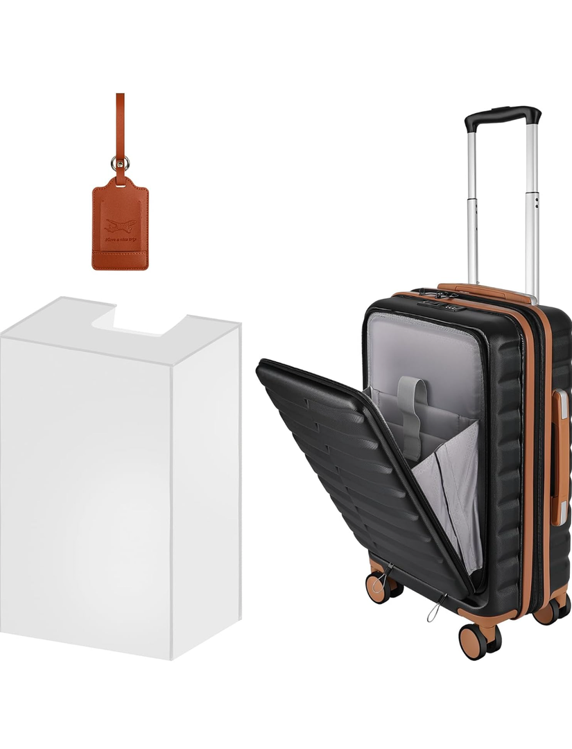 22×14×9 Airline Approved Carry On Expandable Luggage with Front Open Pocket, Spinner Wheels, ABS+PC Hardshell Small 20inch Suitcase with Protective Cover and Luggage Tag, Black