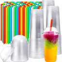 Lallisa 100 Sets Clear Plastic Cups with Dome Lids and Colorful Straws, Disposable Slushie Smoothie Cups PET Beverage for Party Iced Coffee Cold Drinks Juice Milkshake Fruit Tea Dessert(32 oz)