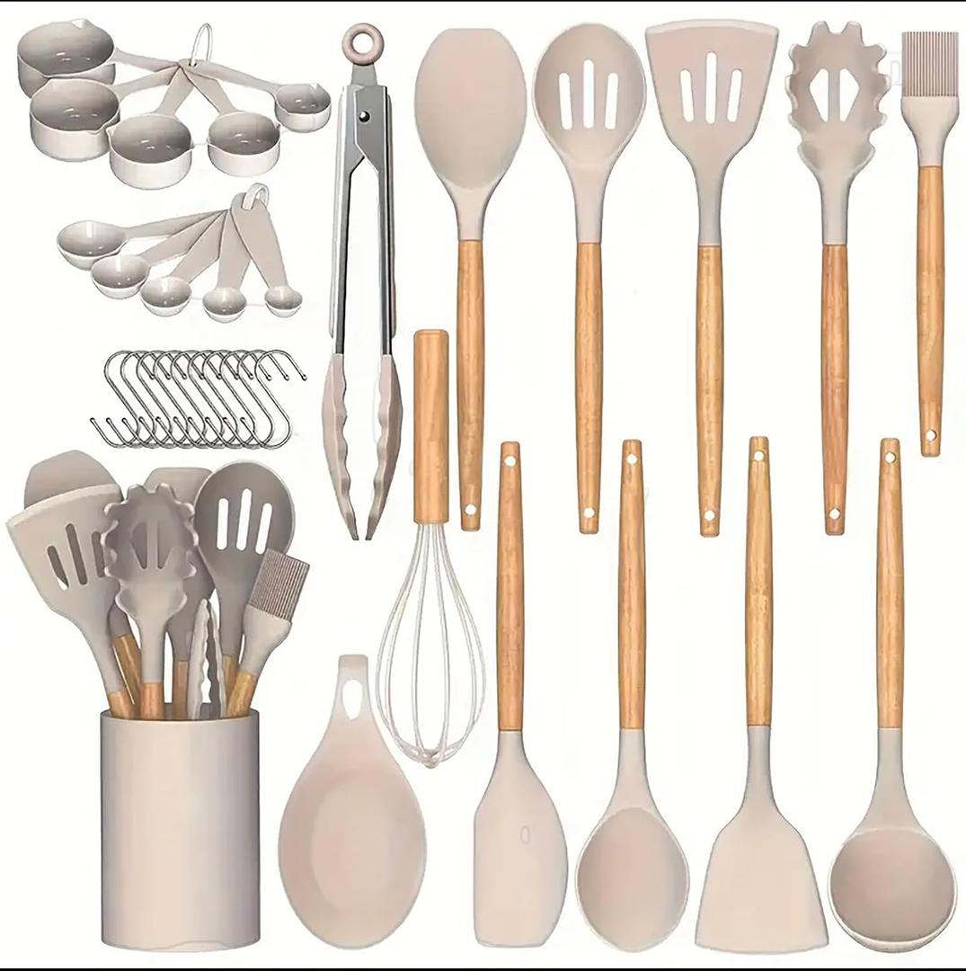 Silicone Kitchen Cooking Utensils Set, 33pcs 446F Heat Resistant, Non-stick, BPA-Free, Wooden Handles, Spatula, Turner, Tongs, Spoon, Brush, Whisk Essential Cooking Gadgets (Khaki)