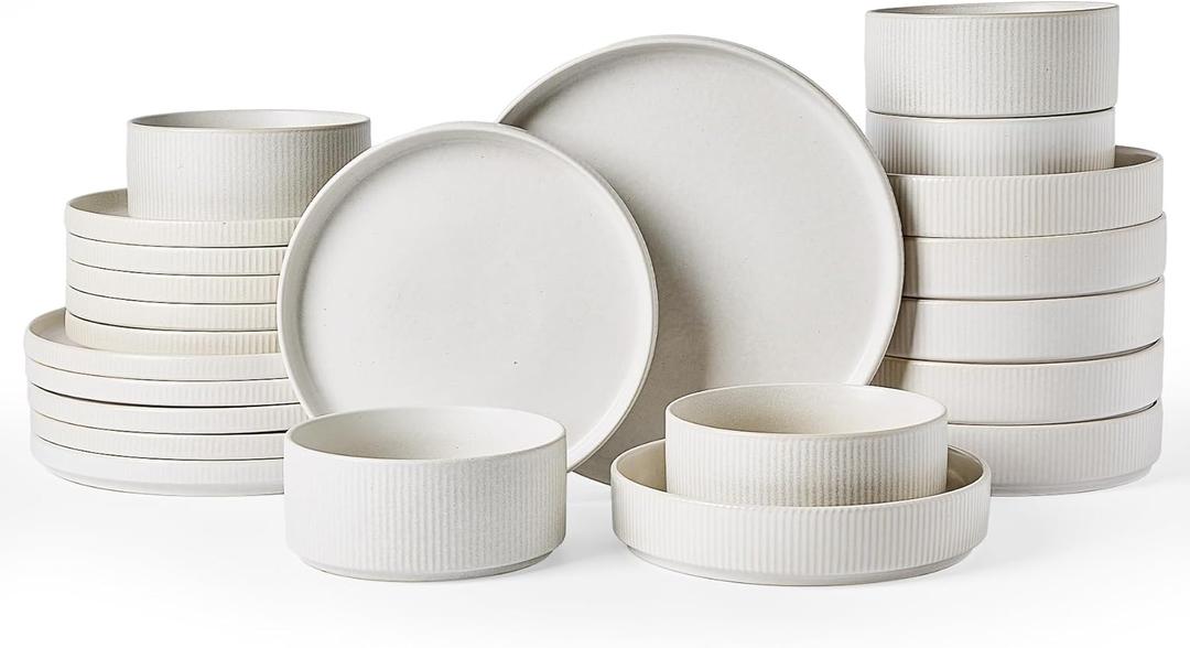 Famiware Star Stoneware Dinnerware Sets with Pasta Bowls, 24pc Dishes for 6 | Ceramic Plates and Double Bowls. Chip & Scratch Resistant. Microwave & Dishwasher Safe, Everyday & Formal Dining, Matte White