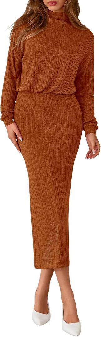 PRETTYGARDEN Turtle Neck Dresses for Women 2026 Fall Knit Outfits Slit Elastic Waist Long Sleeve Bodycon Midi Sweater Dress (Orange, XL)