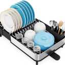 Dish Drying Rack, 304 Stainless Steel Dish Drainer with Removable Utensil Holder & Drain Board, Rustproof Space-Saving Dish Rack for Kitchen Countertop, Black