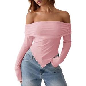 Verdusa Women's Y2K Off The Shoulder Tops Foldover Long Sleeve Asymmetrical Fitted T Shirt (Medium, Pink)