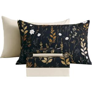 Botanical 6-Piece Full Size Sheets Set, Boho Floral Print Brushed Microfiber Sheets, Cooling Bed Sheet Set, Ultra Soft & Breathable, 16' Deep Pocket Fitted Sheet & Pillowcase Set, Beige Brown Leaves (Mysterious Bloom & Leaf)