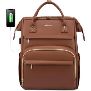 LOVEVOOK Leather Laptop Backpack for Women 15.6 inch,Travel Purse Nurse Teacher Carry On Backpack Computer Bag,Professional College Business Work Bags with USB Port,Brown