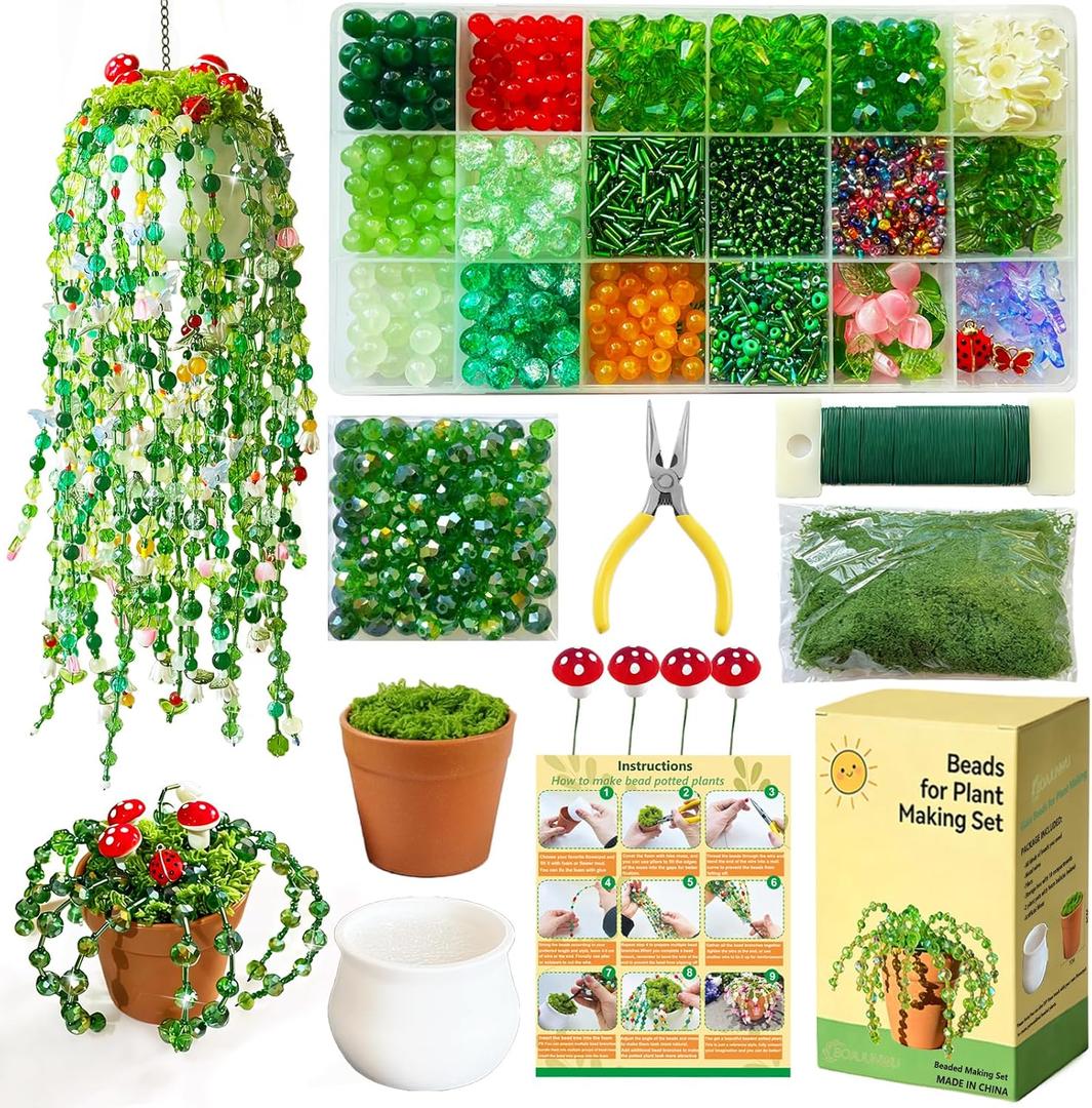 Forever Plant Kit Green Beads for Plant Making,Leaf Flower Beads for Beaded Plants with Plant Pot, Green Beads for Jewelry Making DIY Crafts Kit Plants Lover Gifts