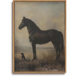 ZZLWBKGL Vintage Horse Framed Wall Art Farmhouse Animal Canvas Wall Art Horse Dog Pictures Wall Decor Rustic Art Prints for Living Room Bedroom Study (24"L x 16"W)