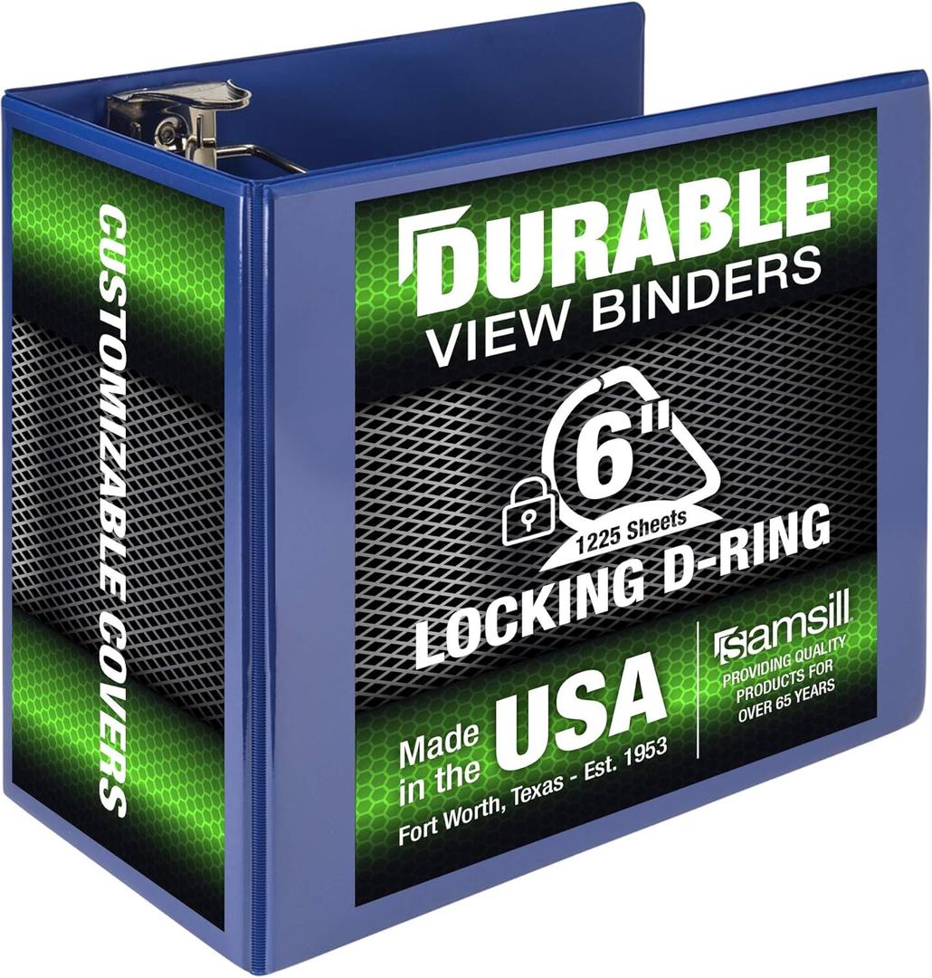 Samsill Durable 6 Inch Binder, Made in The USA, Locking D Ring Binder, Customizable Clear View Cover, Blue, Holds 1225 Pages