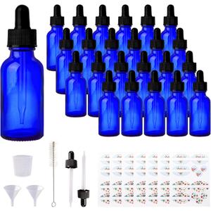 24 Pack 1oz Cobalt Blue Glass Bottles with Glass Eye Droppers for Essential Oils, Perfumes & Lab Chemicals (Brush, Funnels, 2 Extra Droppers, 36 Pieces Labels & 30ml Measuring Cup Included)
