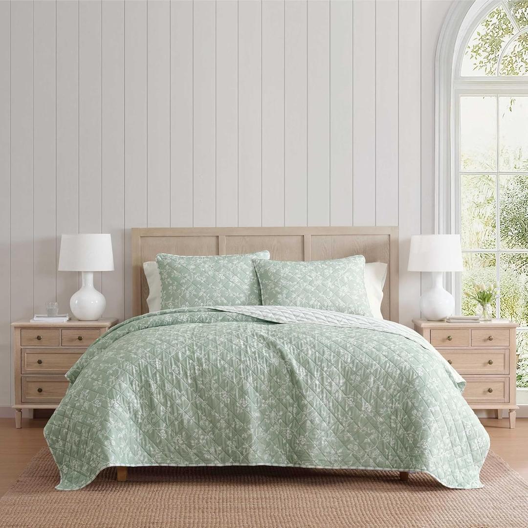 Martha Stewart - King Quilt Set, 100% Soft Cotton Floral Bedding for Year Round Comfort, 3 Piece Bed Set with Matching Pillowcases (French Bird Floral Green)