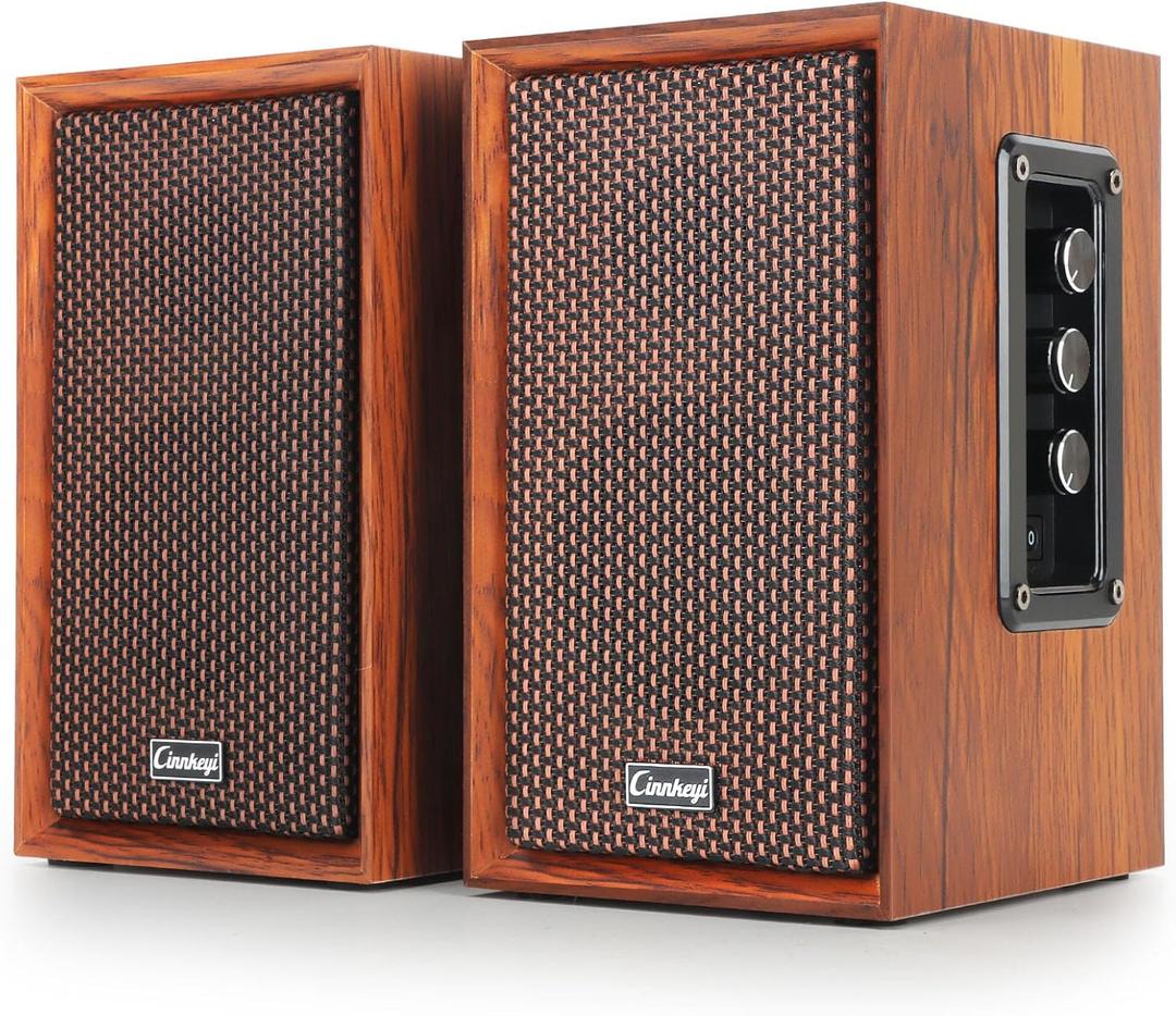 cinnkeyi 40W Computer Speakers, Bluetooth Bookshelf Speakers, 2.0 AC Powered Wooden PC Speakers with Strong Bass, 7.28" X 2 AC Powered USB Input Speakers with DSP, Wooden Speaker for Laptop