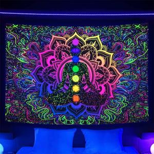 Blacklight Seven Chakra UV Reactive Bohemian Mandala Spiritual Tapestry - Boho Yoga Meditation Wall Hanging for Yoga Room, Bedroom, Living Room, Dorm - 80 X 60 Inch