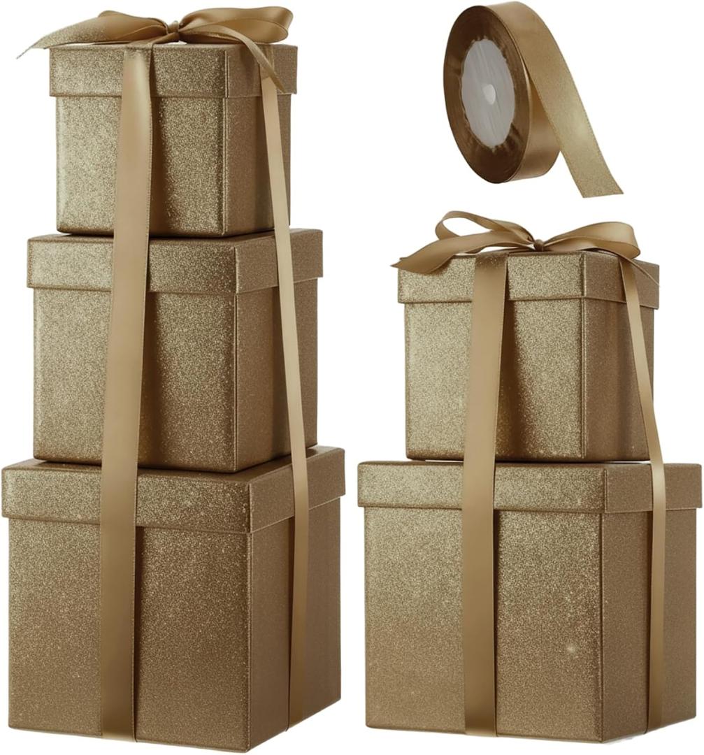 Cholemy 5 Pcs Square Nesting Boxes Decorative Gift Boxes with Lid and Ribbon Assorted Sizes Wrap for Wedding, Thanksgiving, Christmas, Anniversary, Birthday, Bridal Party(Champagne Gold)