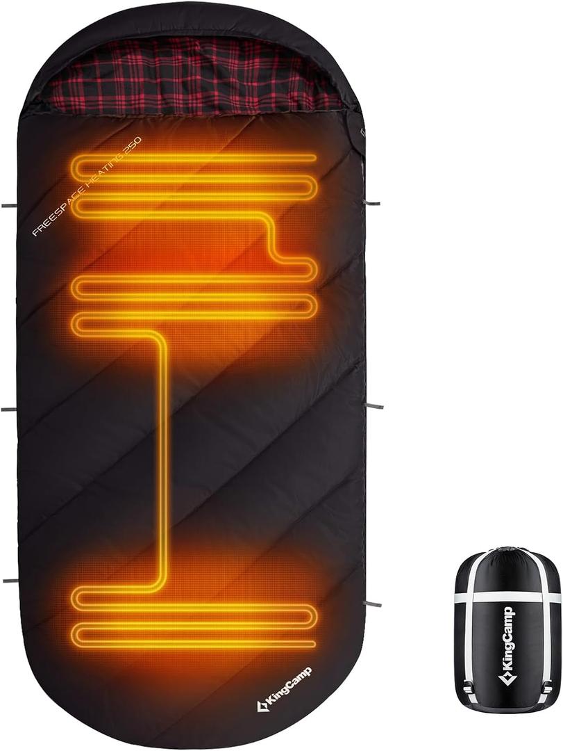 KingCamp Sleeping Bag for Adults, Cold Weather & Warm Extra Wide Big & Tall XL Portable Waterproof Flannel Sleeping Bags, Essentials Gear Accessories for Camping Backpacking Hiking Indoor & Outdoor (86.6" x 39.4", Heated Black)