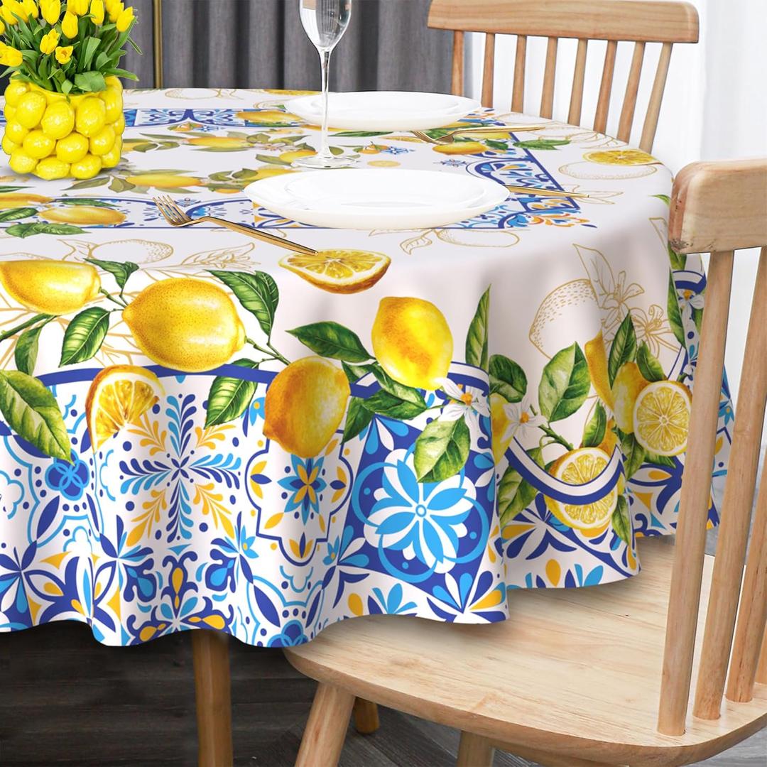 Lemon Tablecloth 60 Inch Round, Yellow and Blue Mediterranean Summer Decor Tile Flower Pattern Table Cloth Italian Themed Decor for Party Table Cover for Dining Room