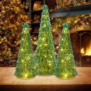 PHITRIC Christmas Decorations Indoor, 3 pcs Sparkling Glass Christmas Tree with LED Lights and Timer, Tabletop Christmas Tree Decor, Xmas Tree Decorations for Living Room, Fireplace, Table, Home (Green)