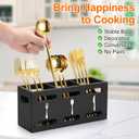 2 x Grey Washed Mango Wood Flatware Caddy with Metal Handles - 3 Compartment Organizer Box for Silverware, Sauce Spoon, Tongs and More (BLACK)