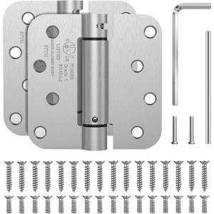 JIW Self Closing Door Hinges 4 Inch, 2 Pack Spring Loaded Door Hinge with 5/8'' Radius Corners, Adjustable Tension for Garage, Front and Back Door, UL Listed, Brushed Nickel