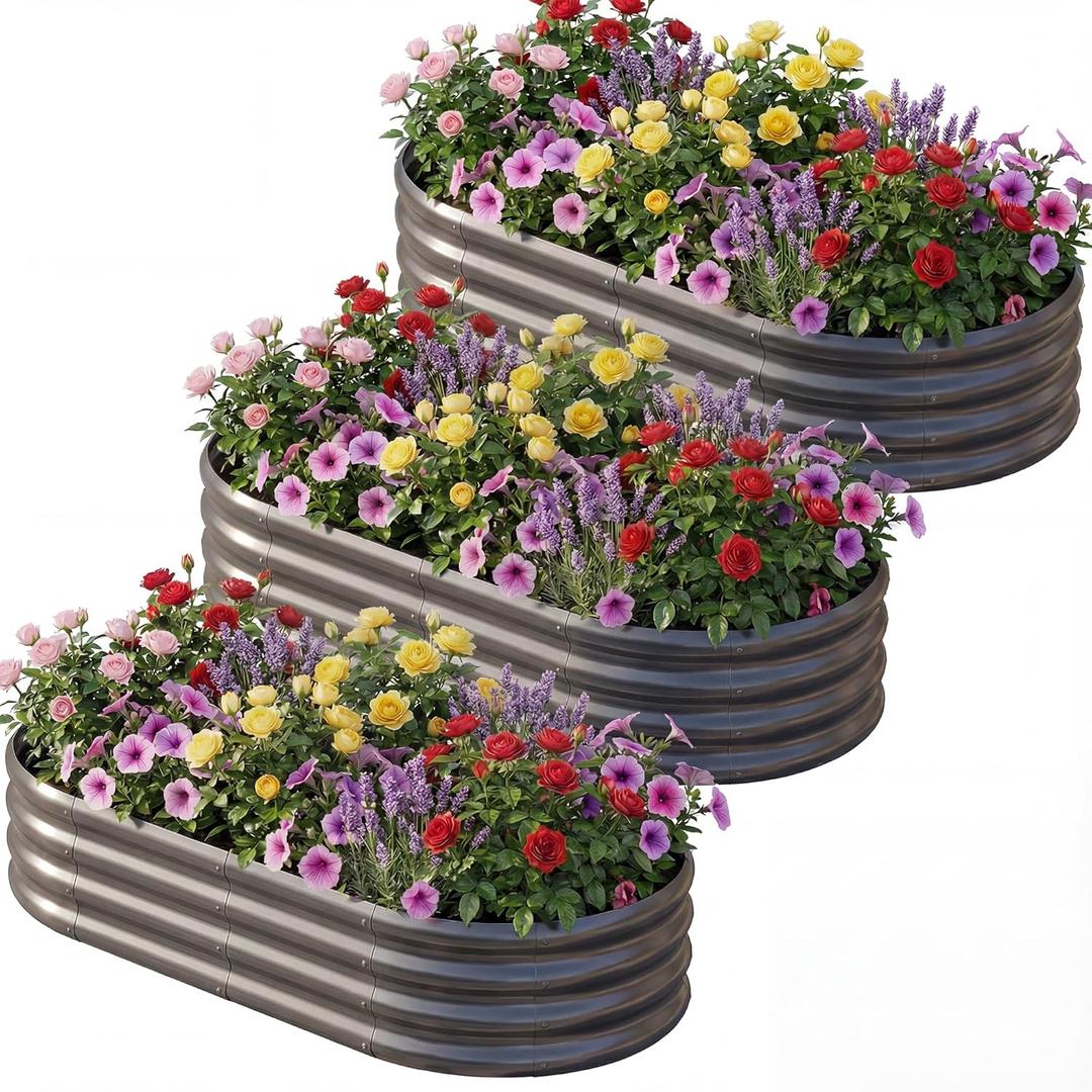 AHEONLAR 3 Pack 631ft Galvanized Raised Garden Bed, Oval Durable Planter Boxes Outdoor for Vegetables, Fruits, Flowers and Plants, Quick Assembly, Grey, 6x3x1ft