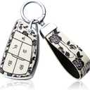 TPU and Leather Key Fob Cover Fit for Chevy Car Accessories,Remote Key Protector Compatible with2021-2023 Chevy Tahoe Suburban GMC Yukon Denali Silverado 5-Buttons (White Rose)