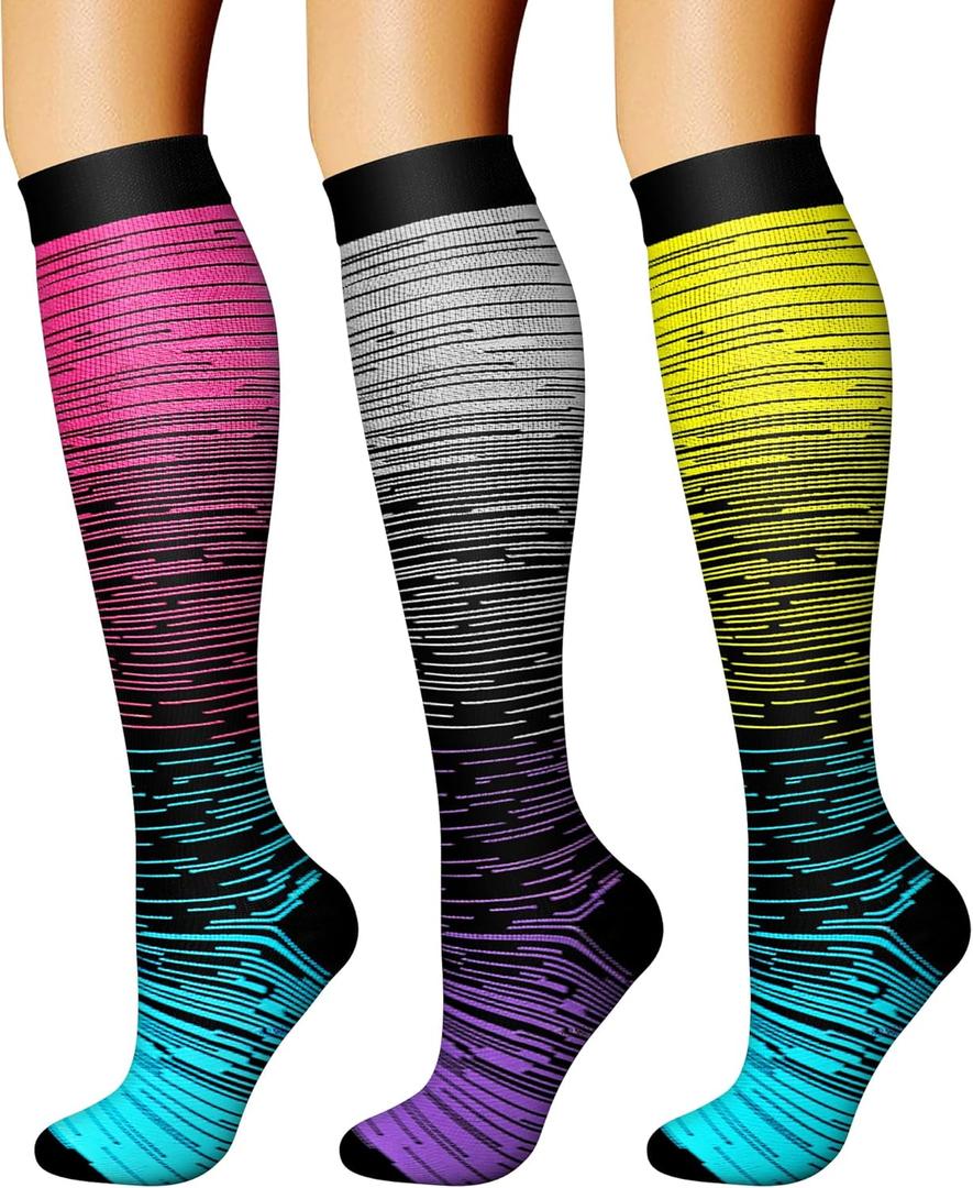 CHARMKING Compression Socks for Women & Men Circulation (3 Pairs) 15-20 mmHg is Best Support for Athletic Running Cycling (Large-X-Large, 17 Straps Gray/Pink/Green)